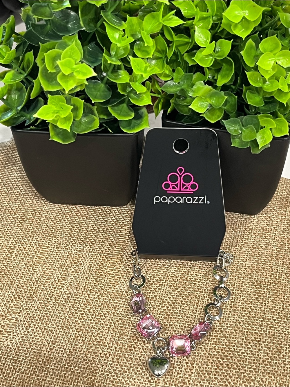 paparazzi Pink Crystal Heart Charm Bracelet with Silver-Tone Links